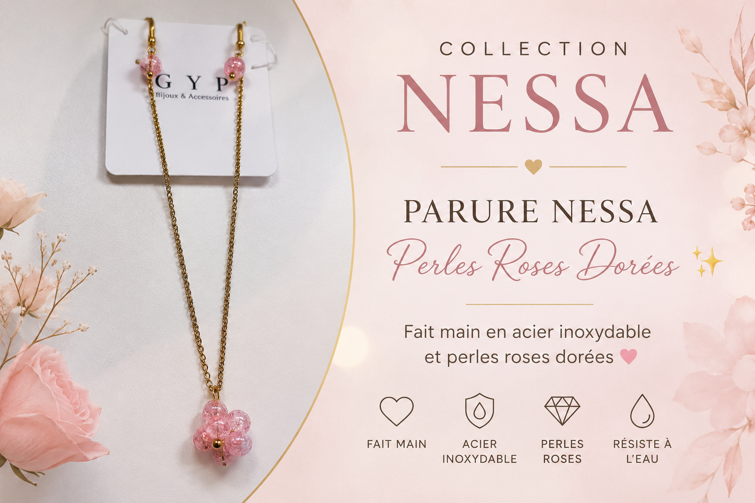 Parure Nessa – Perles Roses Dorées ✨