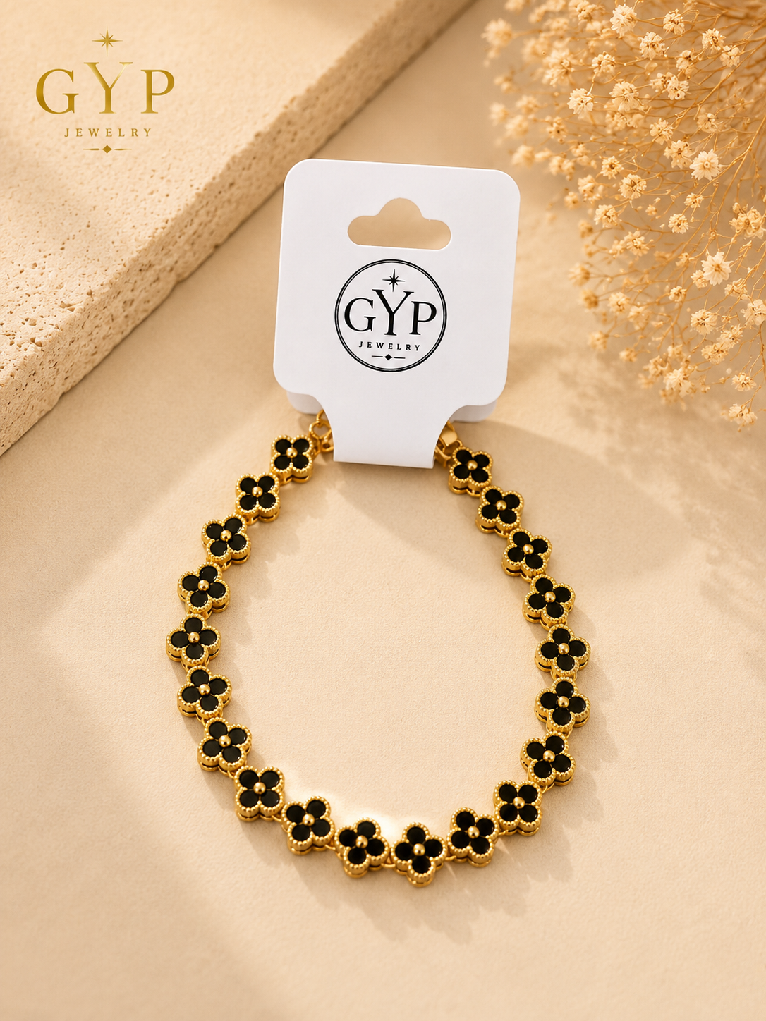 ✨ Bracelet Trèfle Noir & Doré