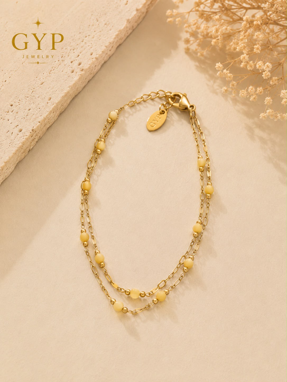 Bracelet Alya – Double Chaîne & Perles Dorées | Acier Inoxydable